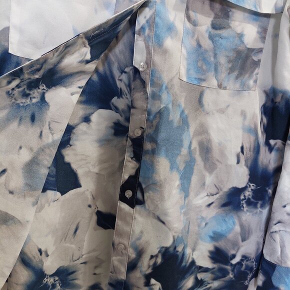 Calvin Klein Top Blue White Floral Button Up Roll Tab Sleeve Blouse, Size M - Picture 4 of 10